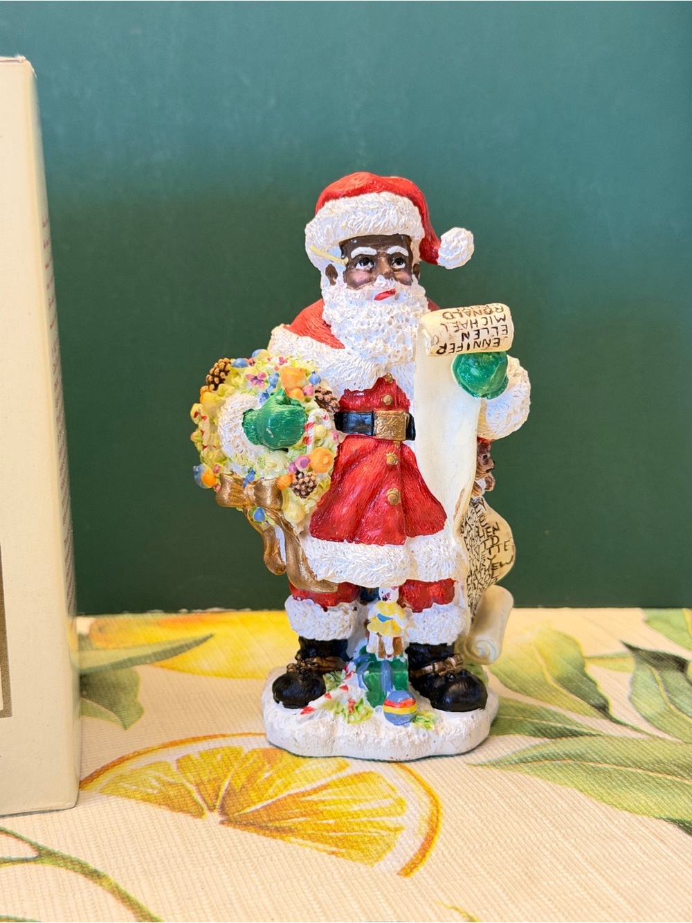 African American Santa Figurine Holiday Decor - Red and White Christmas Statue